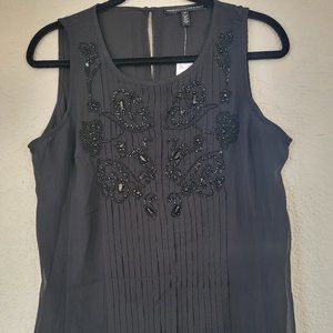 White House Black Market WHBM Black Pleated Sequin and Bead Sleeveless Shell